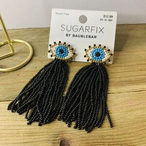SUGARFIX by BaubleBar Beaded Evil Eye Fringe Earrings Gold Black Blue Tassel